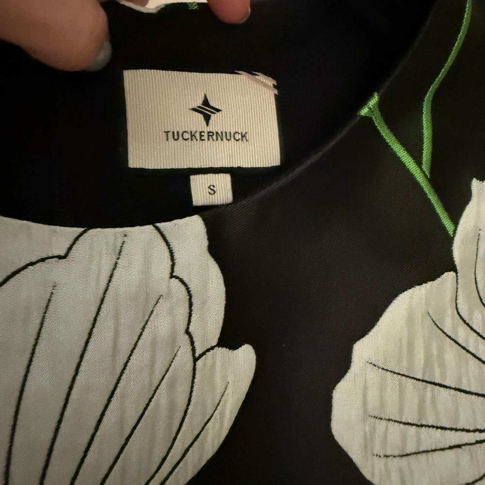Tuckernuck Black Midi Dress with White Floral and Green Leaves - Picture 3 of 4